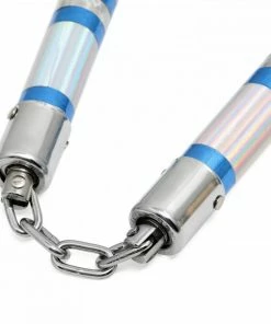 Playwell Nunchucks Chrome Spiral Competition Lotus Wood Nunchaku - Silver/Blue