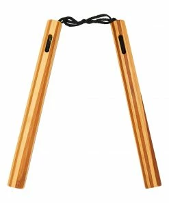 Playwell NR-074B: Octagonal Bamboo Striped Nunchaku W/ Cord Nunchucks