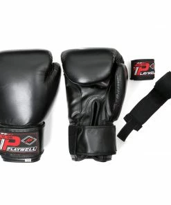 Playwell Boxing Gloves Leather - With Free Boxing Wraps - Black