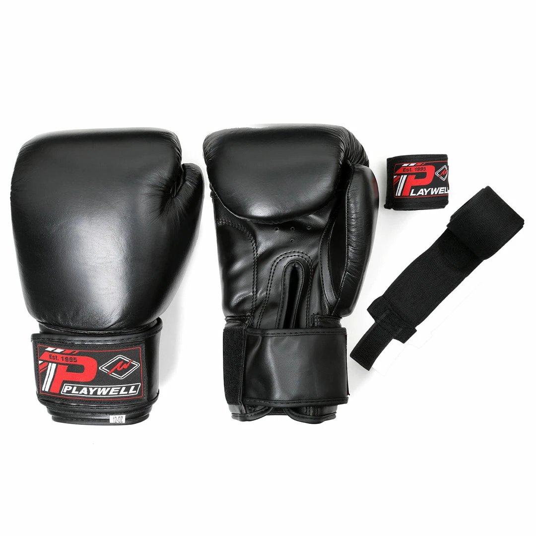 Playwell Boxing Gloves Leather - With Free Boxing Wraps - Black 1 Playwell Boxing Gloves Leather - With Free Boxing Wraps - Black