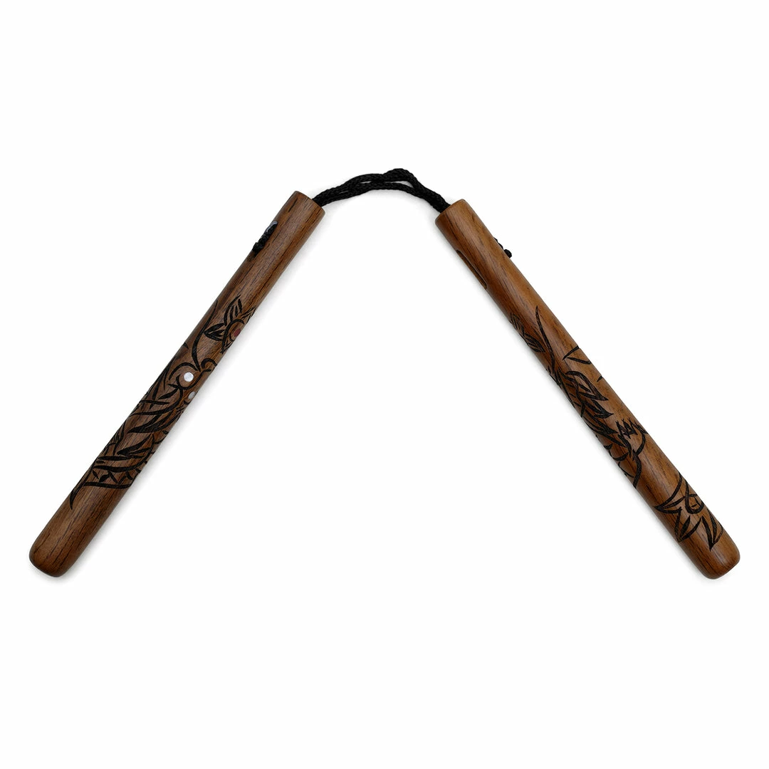 Playwell Deluxe Red Oak Carved Dragon Nunchucks Cord 1 Playwell Deluxe Red Oak Carved Dragon Nunchucks Cord