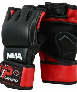 Playwell MMA Leather Elite Black/Red Grapling Fight Gloves Mixed Martial Arts And Grappling Gloves