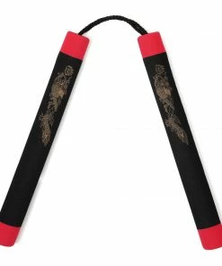 Playwell Nunchucks NR-005c: Foam Nunchaku With Cord Black Dragon With Red Tips