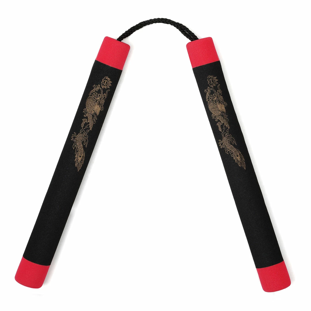 Playwell Nunchucks NR-005c: Foam Nunchaku With Cord Black Dragon With Red Tips 1 Playwell Nunchucks NR-005c: Foam Nunchaku With Cord Black Dragon With Red Tips