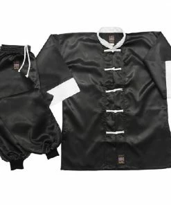 Playwell Kung Fu Uniform: Satin Black / White Traditional Kung Fu Uniforms
