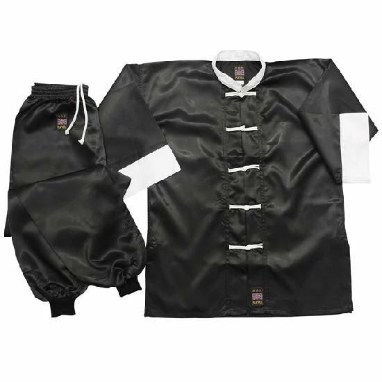 Playwell Kung Fu Uniform: Satin Black / White Traditional Kung Fu Uniforms 1 Playwell Kung Fu Uniform: Satin Black / White Traditional Kung Fu Uniforms