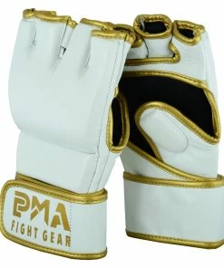 Playwell Mixed Martial Arts And Grappling Gloves MMA Leather Elite White/Gold Grappling Fight Gloves